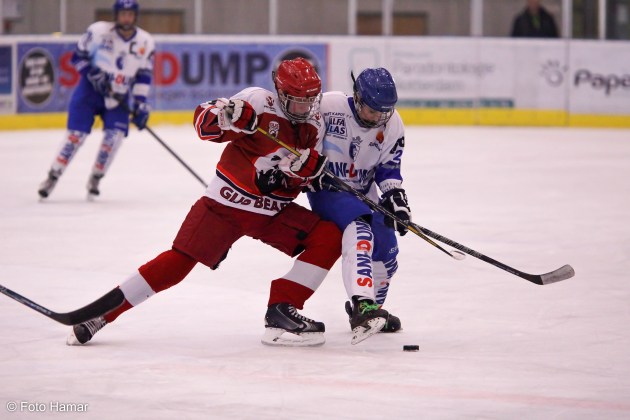 IJshockeywedstrijd waarbij Groningen een bodychek maakt bij Dordrecht. Foto Hamar zal veilig in dug-out