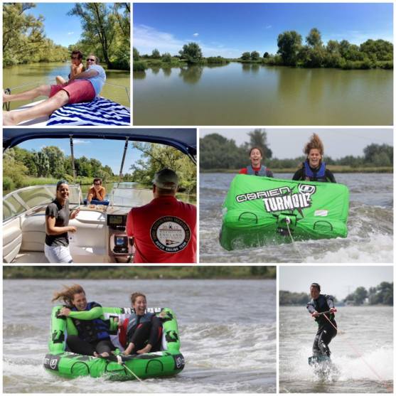 Wakeboarden en funtube achter de boot in Dordrecht. 