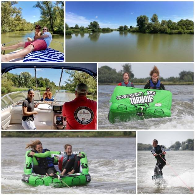 Wakeboarden en funtube achter de boot in Dordrecht. 