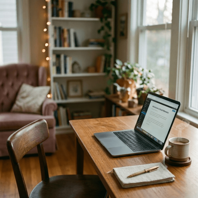 Woman eating breakfast and working on a laptop at home